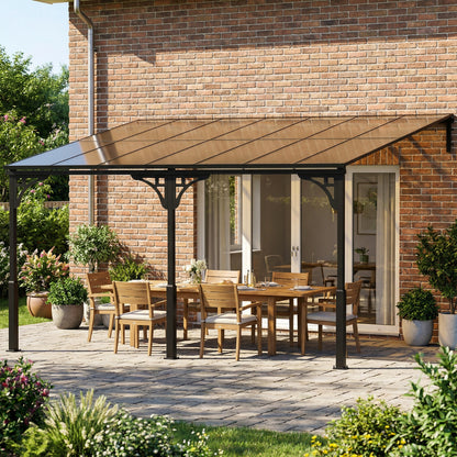 4x3m Hardtop Lean-To Pergola | 7mm Polycarbonate Roof | Galvanised Frame | Wall-Mounted | Windproof Level 6 | Brown