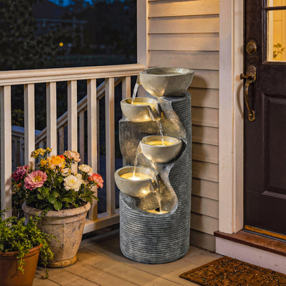 5-Tier Artisan Stone-Finish Resin Waterfall Fountain | LED Lights | Adjustable Flow | 22-25L | UK Plug | 230V | 3m Cable | 33x31x80cm | Indoor & Outdoor | Garden & Patio | Mixed Colour
