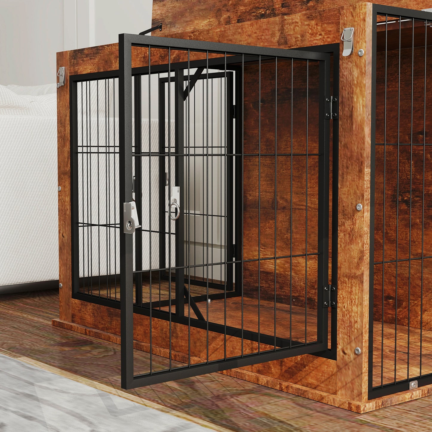 Dog Crate Furniture Side Table | Flip-Up Top | Double Doors | 3-Sided Ventilation | Large Dogs up to 30kg | 98 x 60 x 65.5cm | Rustic Brown