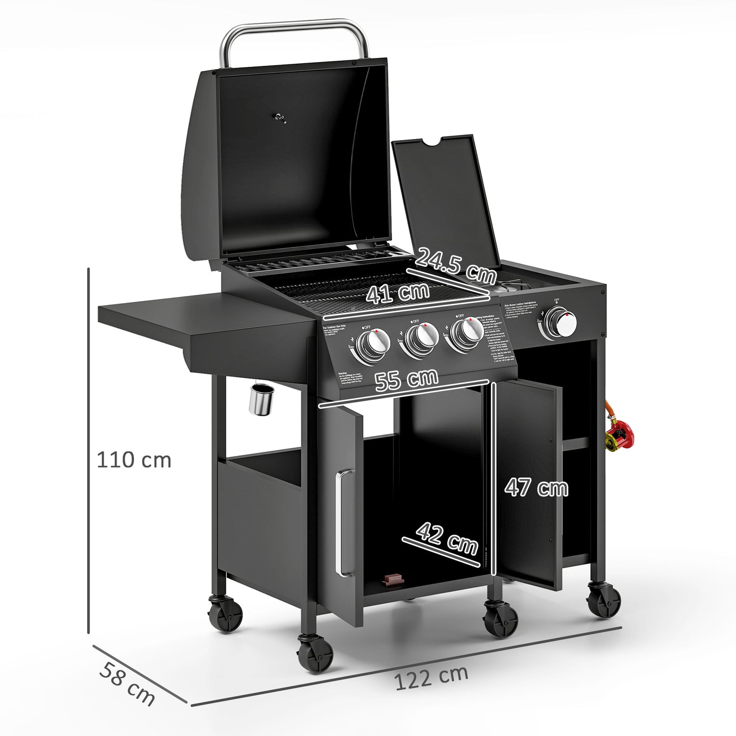 3+1 Burner Gas BBQ Grill with Storage Cabinet and Shelves, 11.6 kW Gas Barbecue Trolley with 6 Castor Wheels, Warming Rack, Thermometer