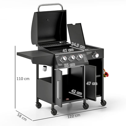 3+1 Burner Gas BBQ Grill with Storage Cabinet and Shelves, 11.6 kW Gas Barbecue Trolley with 6 Castor Wheels, Warming Rack, Thermometer
