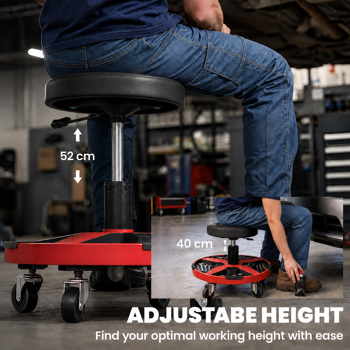 Black Rolling Mechanic Stool | 40-52 cm Adjustable Workshop Seat with 360° Swivel, Tool Tray, Bottle Holders & 135 kg Capacity