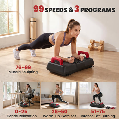 Vibration Plate Exercise Machine | 150W Swing Arm Motor | 99 Speeds | 3 Preset Programmes | 2 Resistance Bands | Removable Handles | LED Display & Remote | Anti-Slip TPR | 120kg | 66x40x23cm | Red