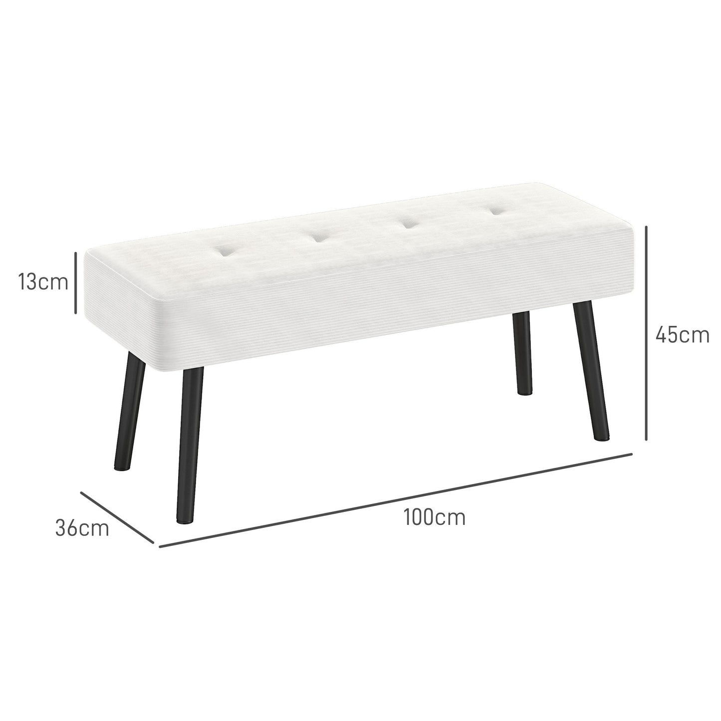 End of Bed Bench, Corduroy Bedroom Bench with Thick Padding and Steel Legs, Tufted Window Seat for Entryway, Living Room, Cream White