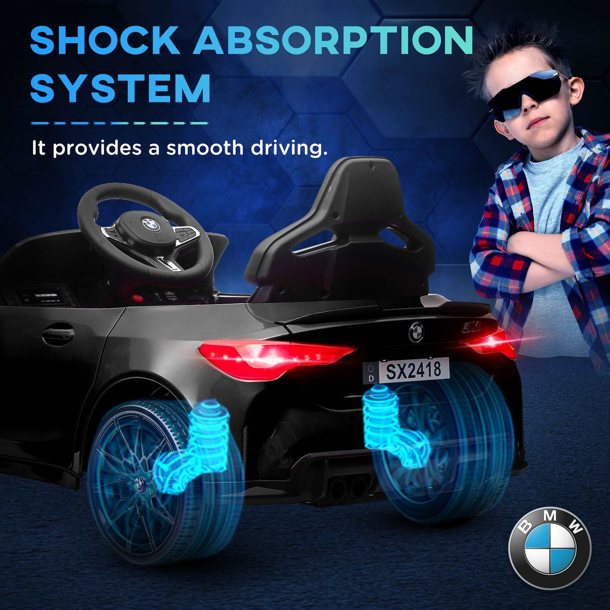 12V BMW M4 Licensed Kids Car with Easy Transport, Remote Control, Suspension, Music, Horn, LED Lights
