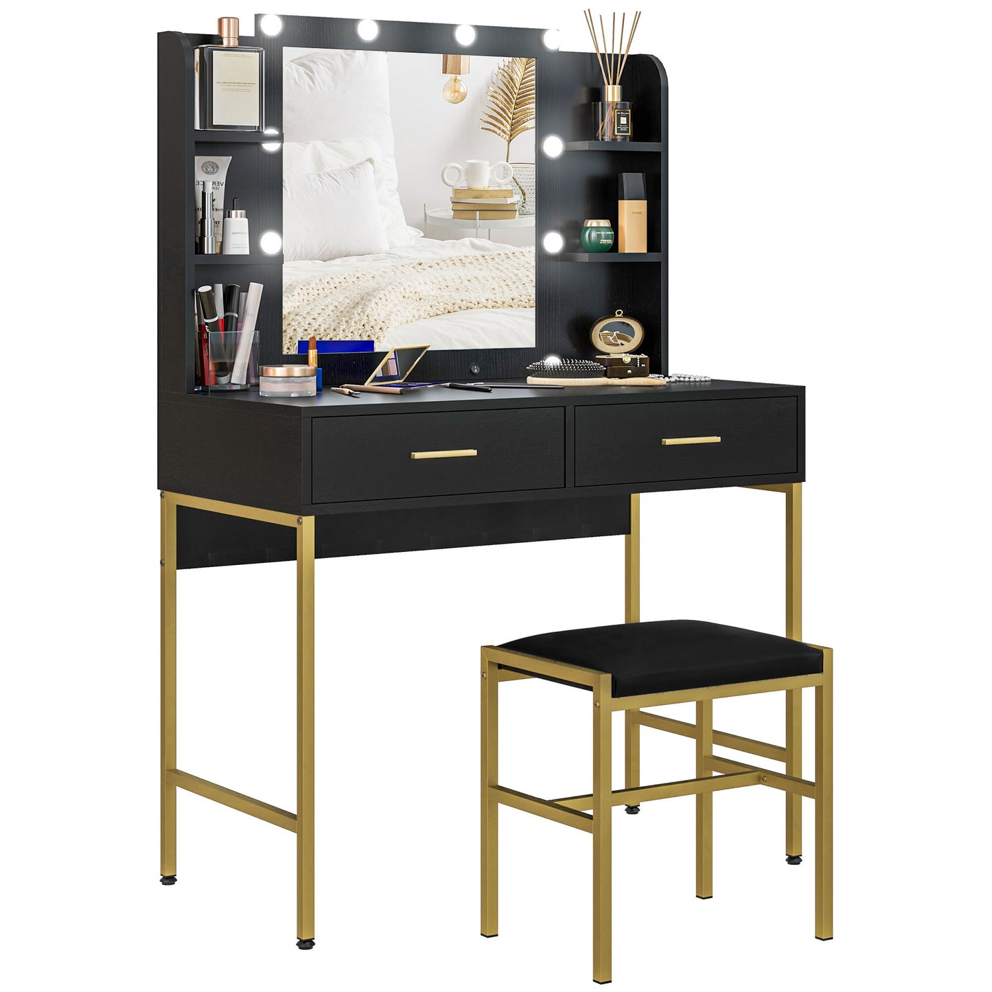Dressing Table with Lighted Mirror, Cushioned Stool, Drawers, Shelves, Makeup Vanity Desk Set, Modern Dresser Vanity Table for Bedroom, Black