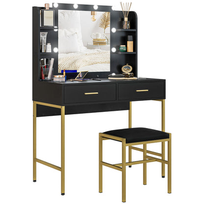 Dressing Table with Lighted Mirror, Cushioned Stool, Drawers, Shelves, Makeup Vanity Desk Set, Modern Dresser Vanity Table for Bedroom, Black