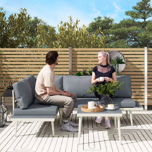Outsunny 3 Piece Garden Furniture L Shaped Garden Corner Sofa with Cushions, Mesh Seat, Wood-Grain Table, Outdoor Furniture Set , Grey