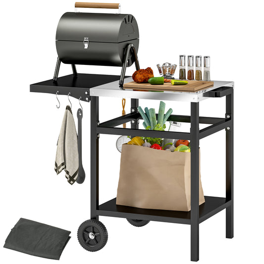 BBQ Trolley with Stainless Steel Top and Foldable Side Table, Outdoor Kitchen BBQ Station with Hooks and Shelf, Pizza Oven Table Movable Outdoor Grill Dining Cart