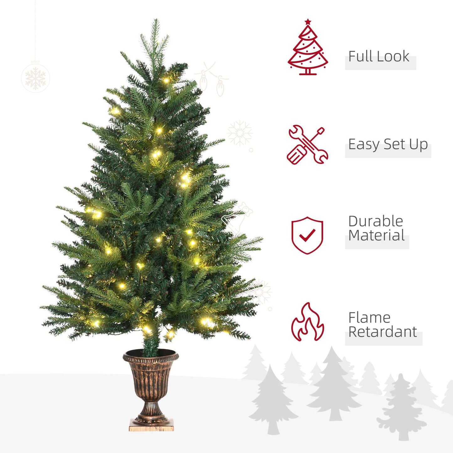 1.2m Prelit Christmas Tree Artificial Spruce Tree, Plastic Stand-Green