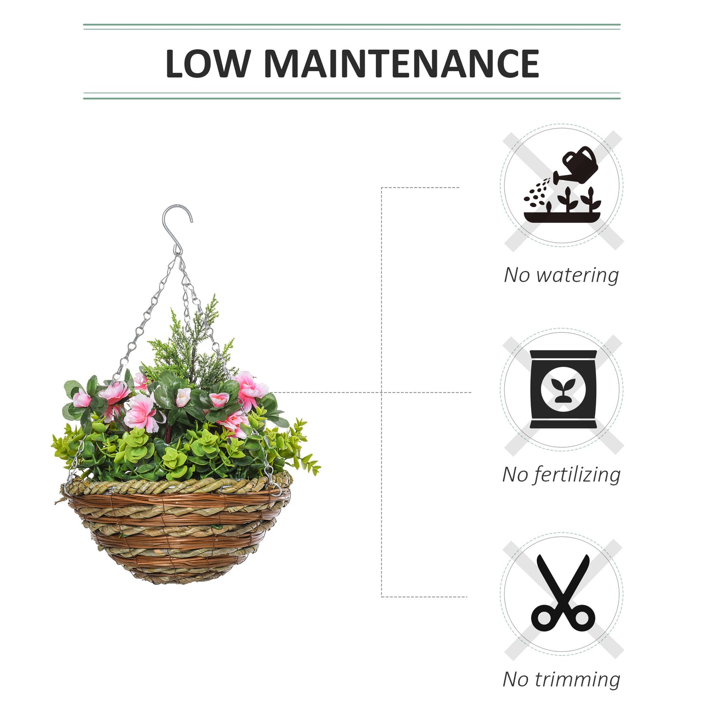 Set of 4 Artificial Hanging Lisianthus Flower Baskets | 18 Faux Flowers & 72 Leaves Per Pot | Wicker Basket | 30cm Metal Chain & Hook | Indoor & Outdoor | Ø25 x 34cm | Pink & Green