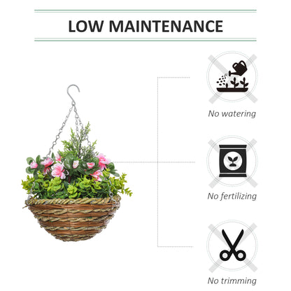 Set of 4 Artificial Hanging Lisianthus Flower Baskets | 18 Faux Flowers & 72 Leaves Per Pot | Wicker Basket | 30cm Metal Chain & Hook | Indoor & Outdoor | Ø25 x 34cm | Pink & Green