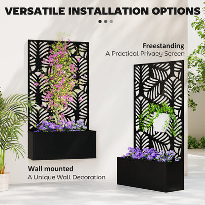 Metal Raised Planter with Monstera Leaf Trellis & Privacy Screen | Wall Mounted or Freestanding | 29L Soil | 50kg | Powder-Coated | 61x23x113cm | Climbing Plants | Black
