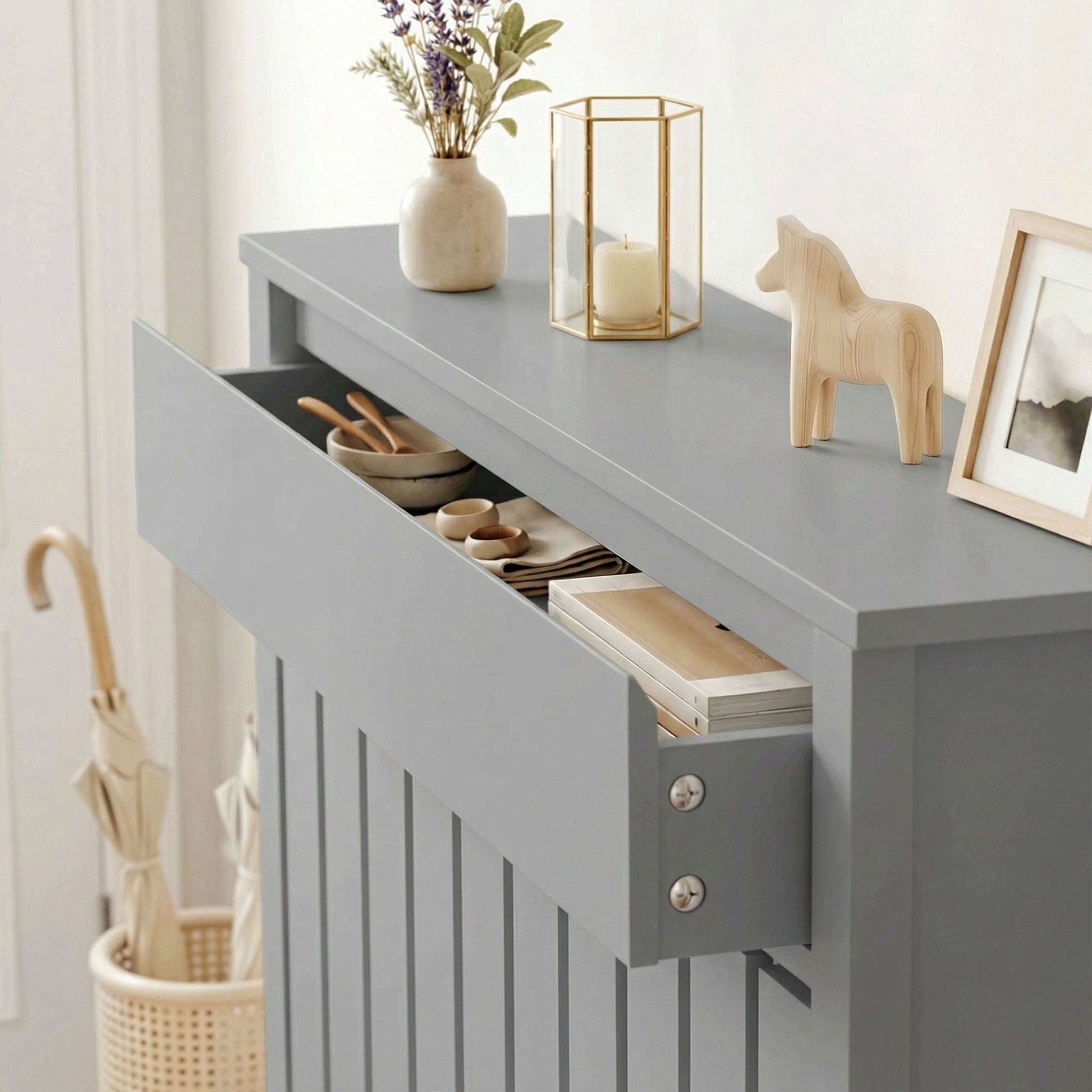 MDF & Particle Board Radiator Cover with 1 Drawer | Vertical Slats | Flat Top Display Surface | Wall Mountable | Pre-Cut Outs | 14kg Capacity | 88.5x19x93cm | Grey