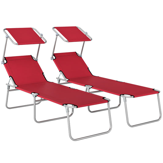 Set of 2 Folding Sun Loungers | 4 Position Adjustable Back | Oxford Fabric | Powder Coated Steel | Portable | 120kg | Red