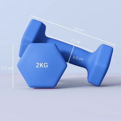 SPORTNOW 2x2kg Hexagonal Dumbbell Set | Blue | 16x7.5x7.5cm Each | Ø3.3x11cm Handle | Plastic-Coated | Non-Slip Grip | Anti-Roll Hex Design | Floor-Safe | Home Gym Workout