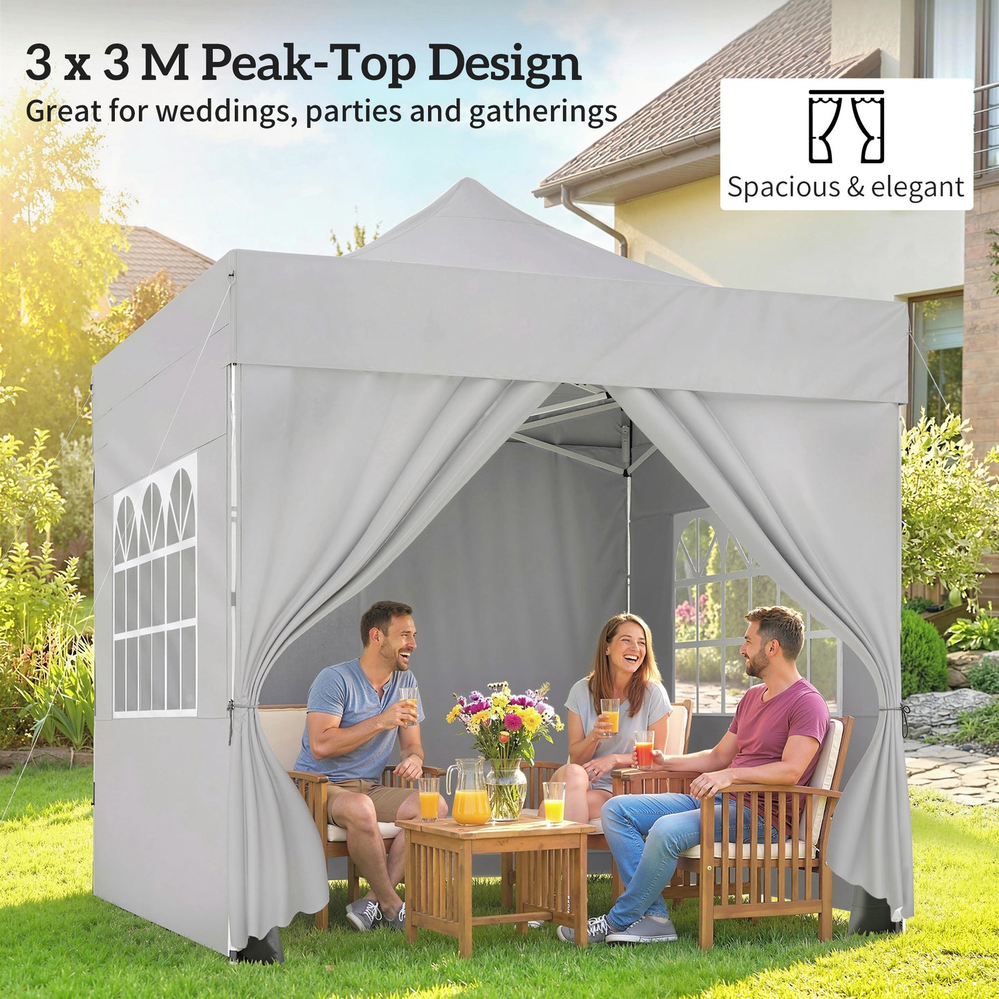 3x3m Heavy-Duty Peak-Top Pop-Up Gazebo | 420D UPF50+ Oxford Fabric | 4 Removable Sidewalls | Zipper Door & Windows | 3-Height Adjustment | 8 Drainage Holes | 4 Sandbags, 4 Guy Ropes & 8 Stakes | Wheeled Carry Bag | Silver Grey