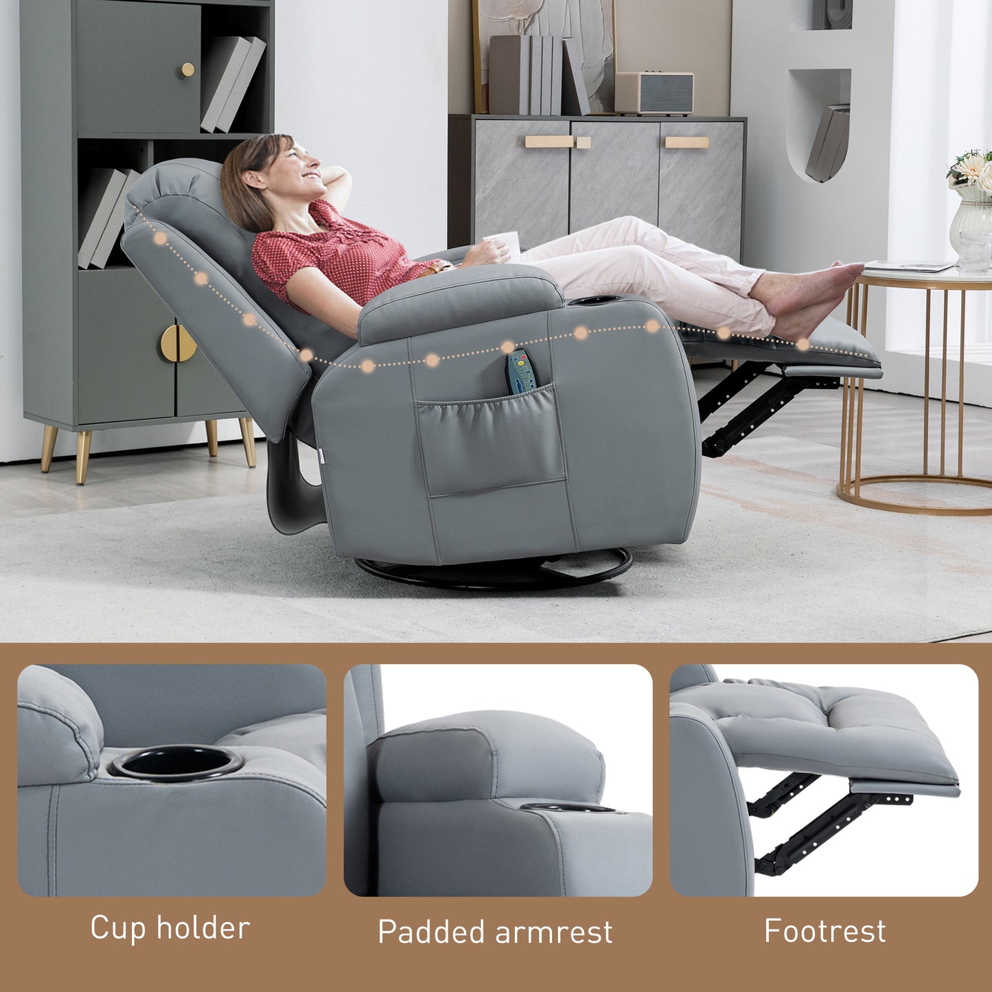 Massage Recliner Chair with 8 Vibration & Heat, PU Leather Recliner Armchair W/ Cup Holders, Side Pockets, Manual Reclining Chair, Light Grey