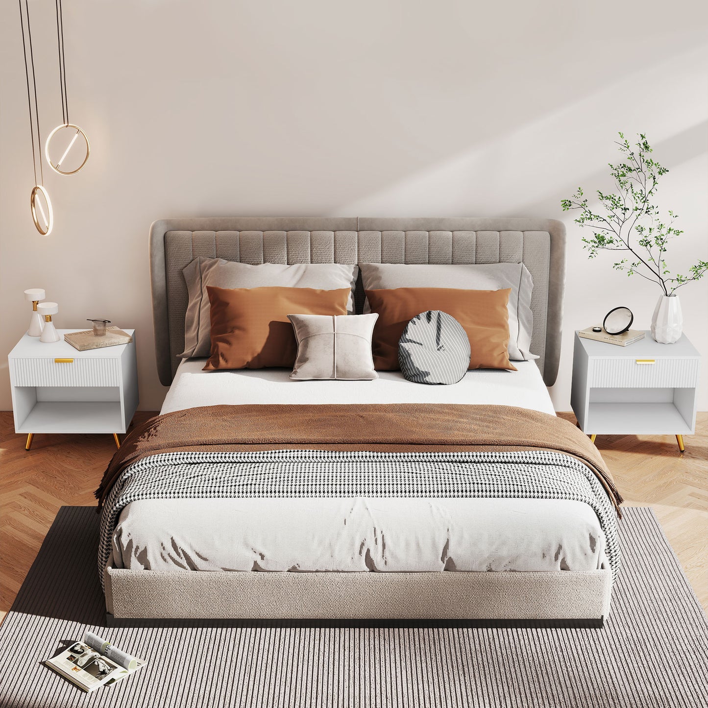 Set of 2 Bedside Tables | Ribbed Drawer | Gold Legs & Handle | Open Shelf | White | 50x47cm
