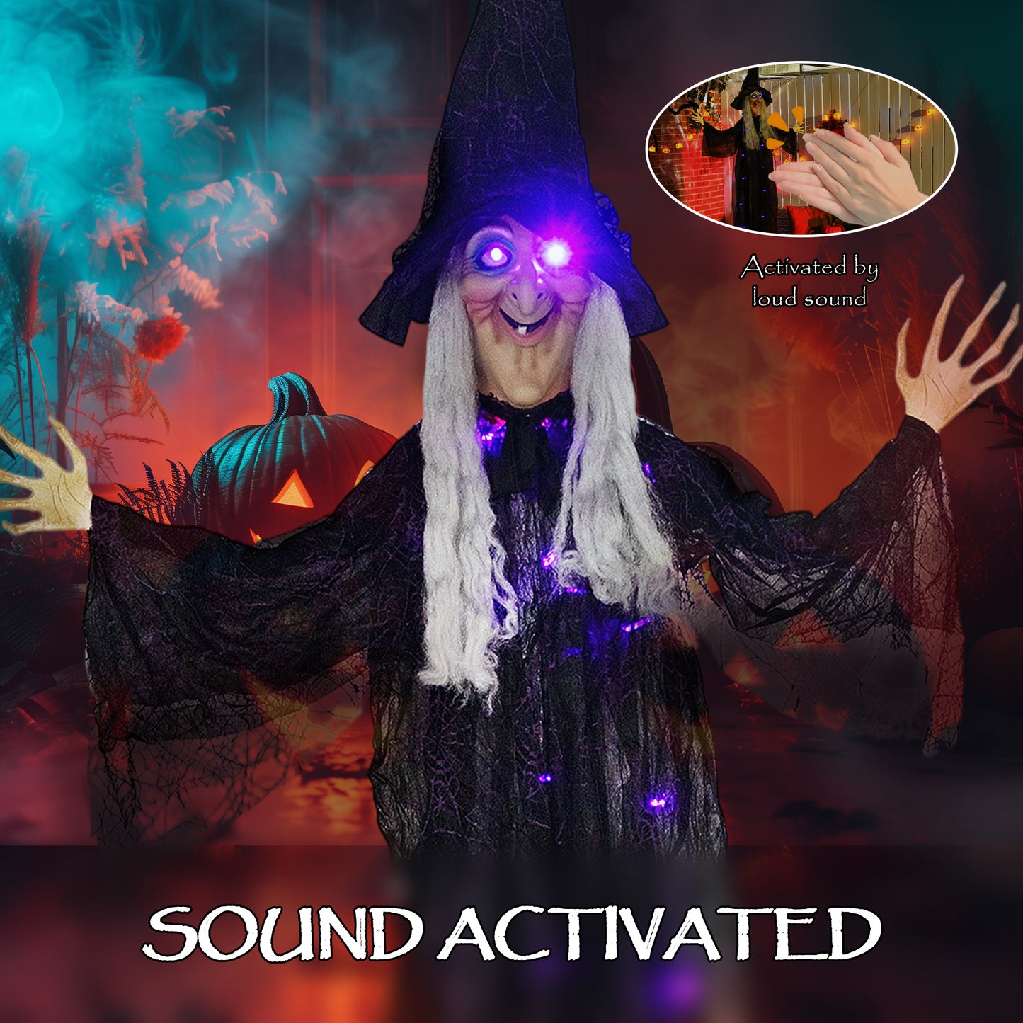 183 cm Life Size Halloween Animated Hanging Witch with Glowing LED Eyes & Body, Spooky Witch Scary Halloween Decorations, Battery Operated, Indoor Party Props