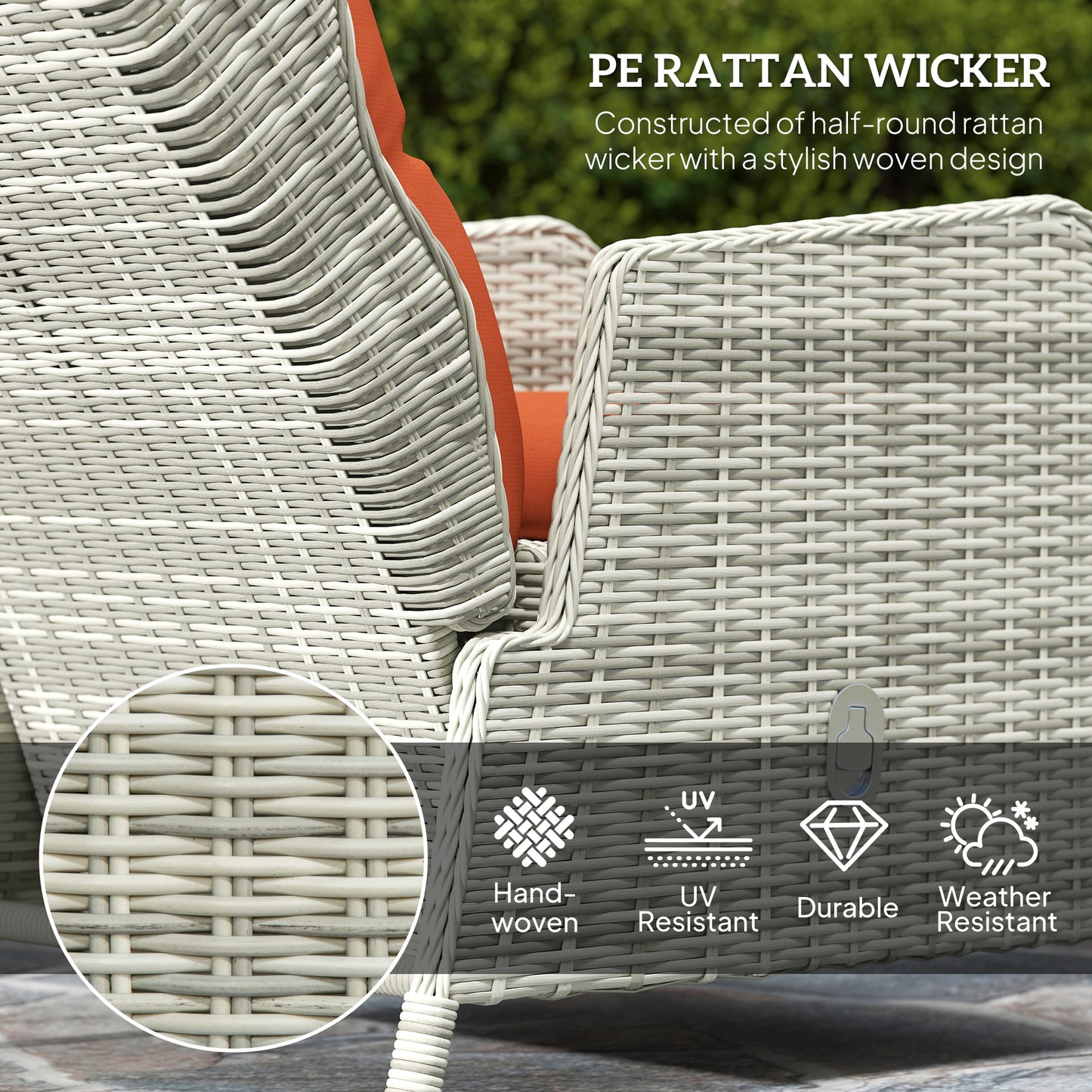 Outsunny 5 Pieces Rattan Bistro Set with Adjustable Back, Reclining Wicker Balcony Furniture with Cushions, Glass Top Coffee Table, Orange