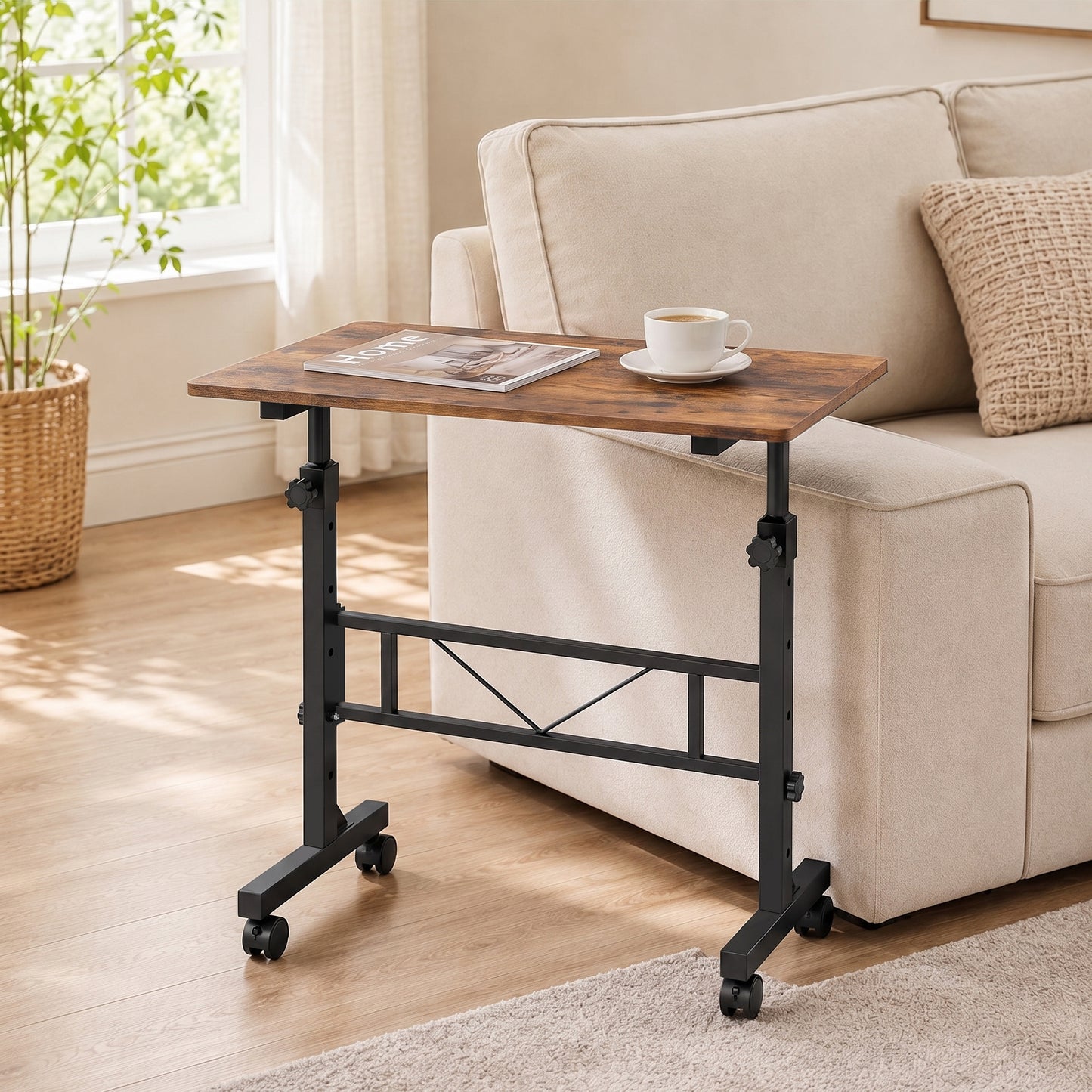 Overbed Table | 6 Height Settings 70-110cm | 4 Caster Wheels with 2 Brakes | Anti-Tip Device | 80x40cm Top | 15kg | Particleboard & Steel | Rustic Brown & Black
