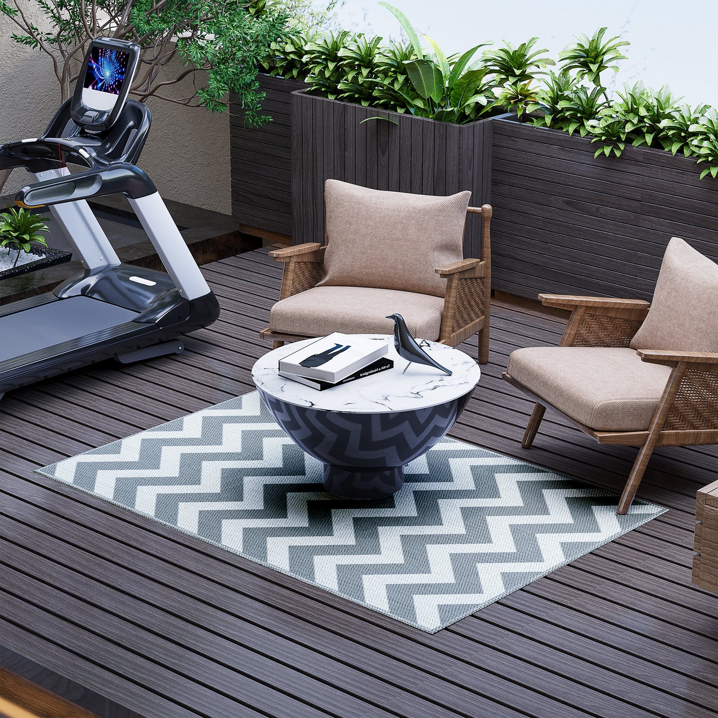 Outsunny Reversible Outdoor Rug, 1.2 x 1.8m Patio Carpet, Waterproof Plastic Rug for Garden, Deck, Picnic, Beach, Camping, Grey and White