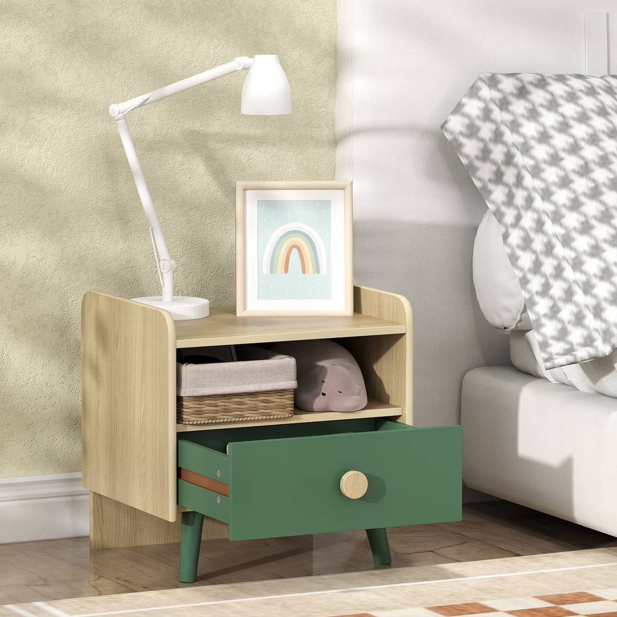 Kids Bedside Table with Drawer & Open Storage Shelf | Pine Legs | Wipe-Clean Melamine Surface | 40x32.5x40cm | Ages 3–10 | 5kg Capacity | MDF & Pine | Assembly Required | Green