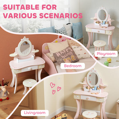 AIYAPLAY Kids Dressing Table, Girls Vanity Set with Mirror and Stool, 7 Play Accessories, Drawer, Desktop Storage, Pink