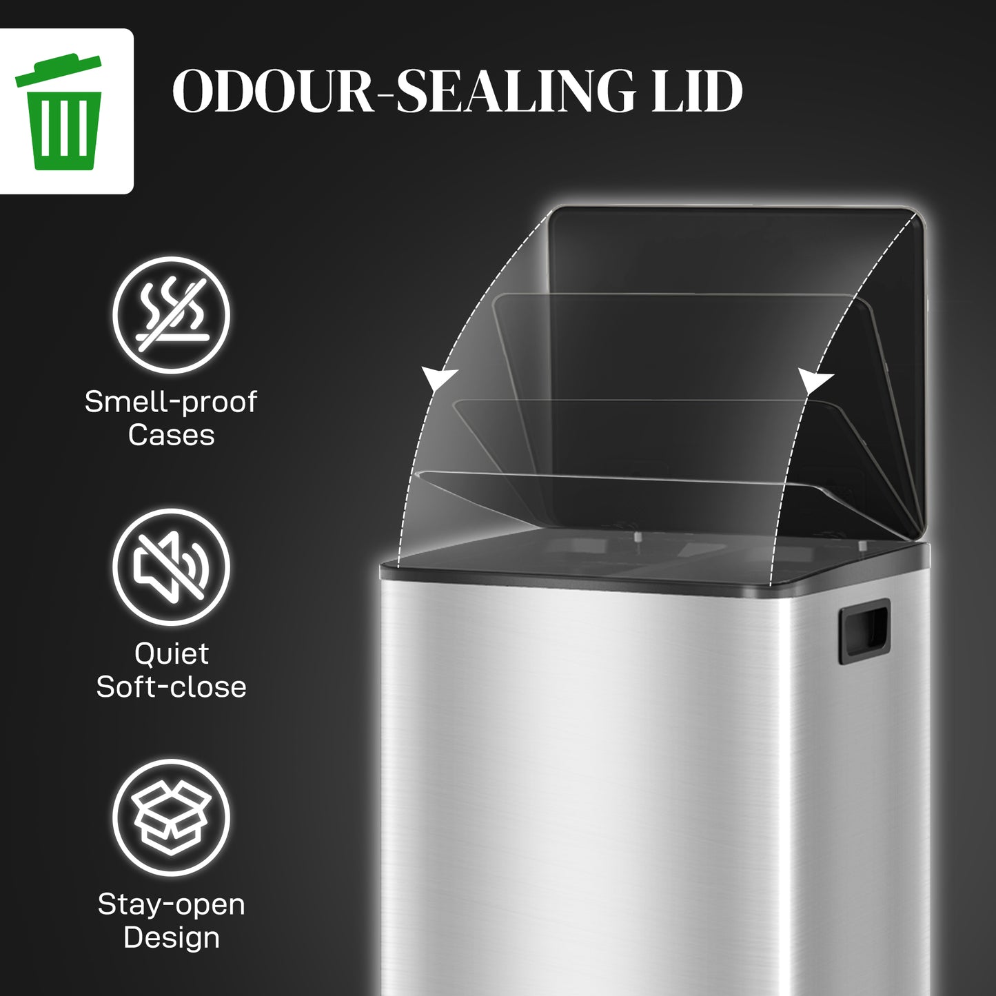 60L Dual Compartment Stainless Steel Bin, with Deodoriser Holders - Silver Tone