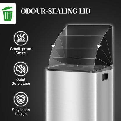 60L Dual Compartment Stainless Steel Bin, with Deodoriser Holders - Silver Tone