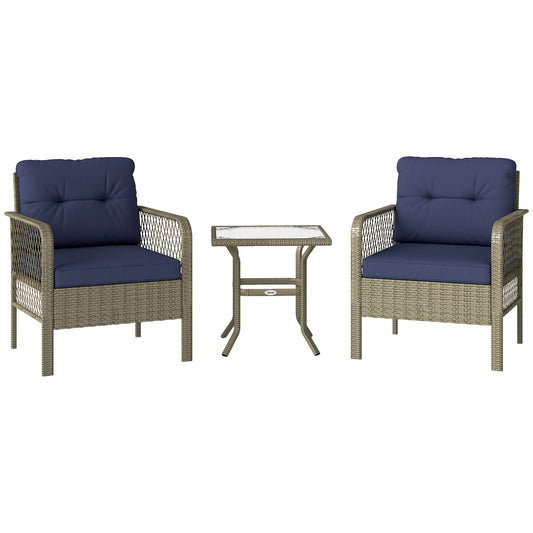 3 Pieces Rattan Bistro Set with Glass Top Coffee Table, Chairs and Cushions for Outdoor, Patio, Balcony, Charcoal Grey