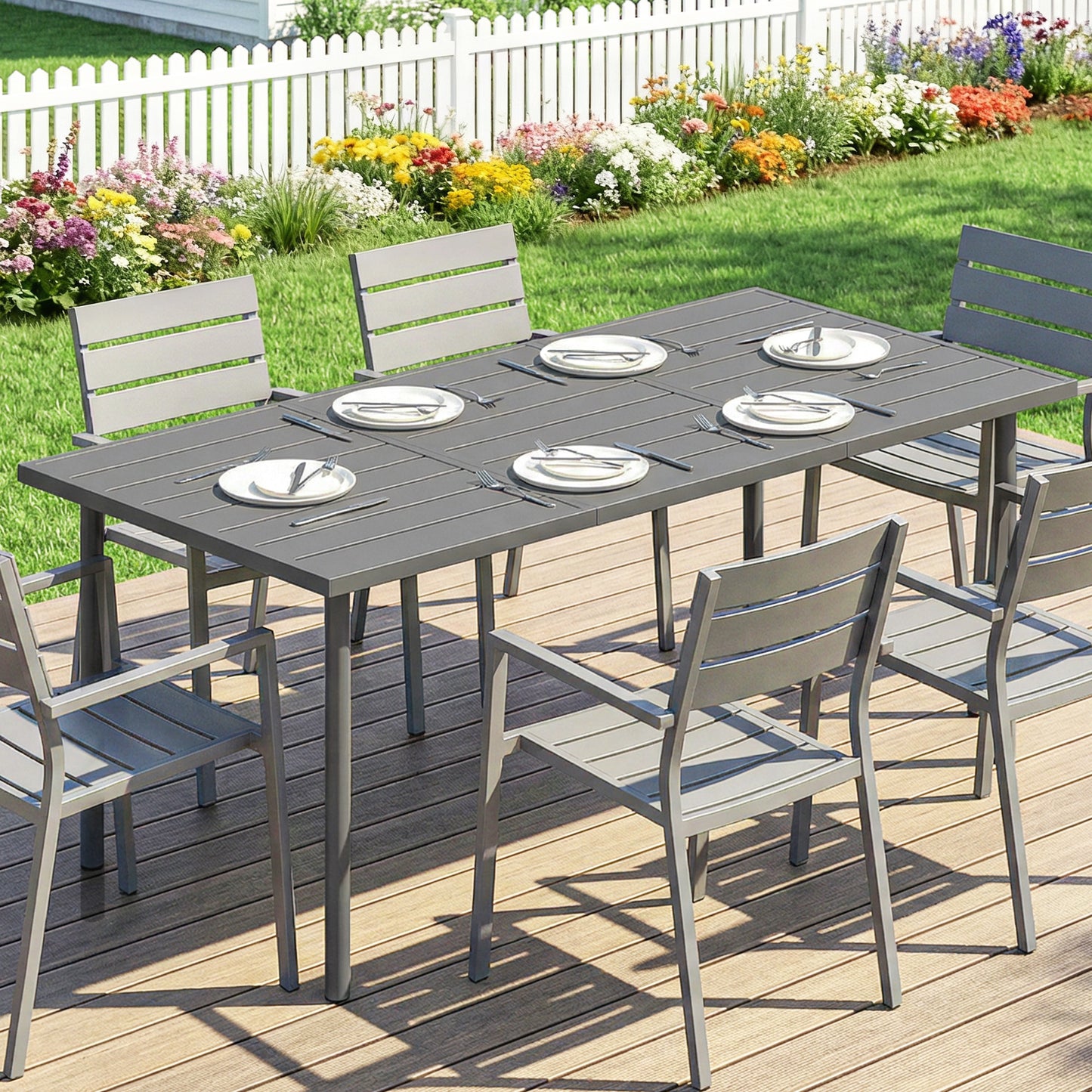 6-Seater Rectangular Garden Dining Table | Slatted Metal Top | Quick Drain | Powder-Coated Steel Frame | Foot Pads | 70kg Capacity | 165x80x74cm | Dark Grey
