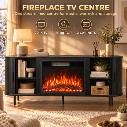 Electric Fireplace TV Stand | TVs up to 70 Inch | 150cm Black Fluted Storage Unit | 900W/1800W, 12 Flame Colours & Remote