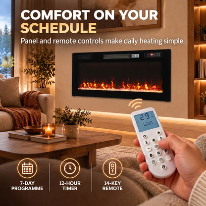 92cm Slim Electric Fireplace | Wall Mounted, Recessed or Freestanding | 900/1800W, 12 Flame Colours, Remote & 7-Day Programme | Black