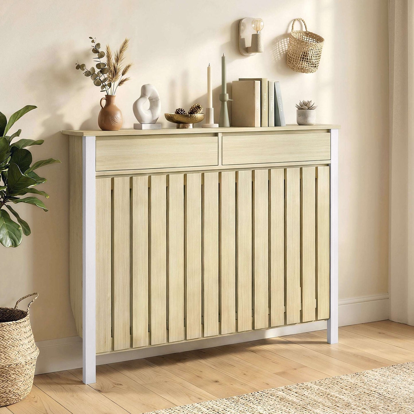 MDF & Particle Board Radiator Cover with 2 Drawers | Vertical Slats | Flat Top Display Surface | Wall Mountable | Pre-Cut Outs | 18kg Capacity | 119x19x93cm | Oak & White