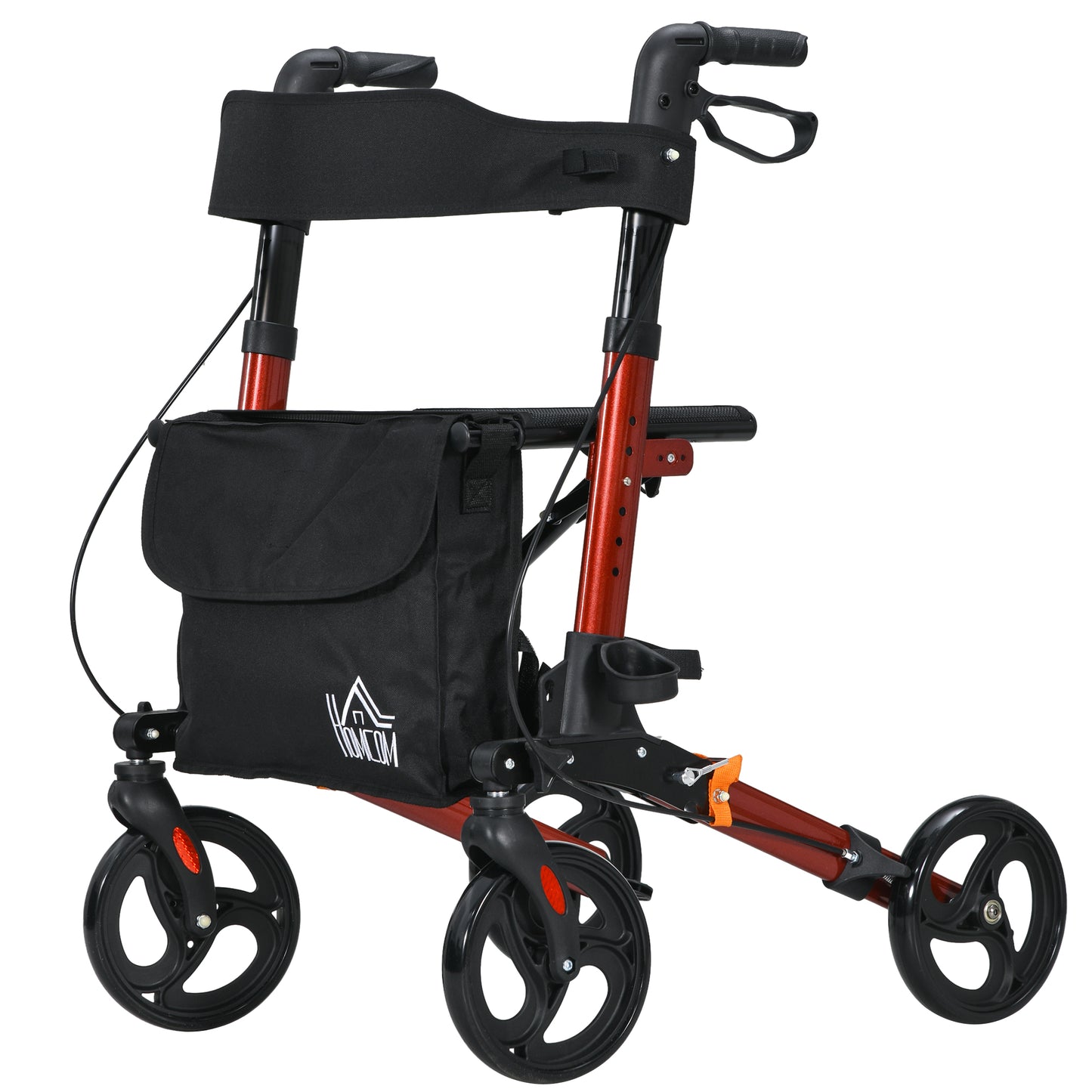 4 Wheel Rollator With Seat and Back, Folding, Adjustable Height, Dual Brakes, Cane Holder, Lightweight Aluminium Frame - Red