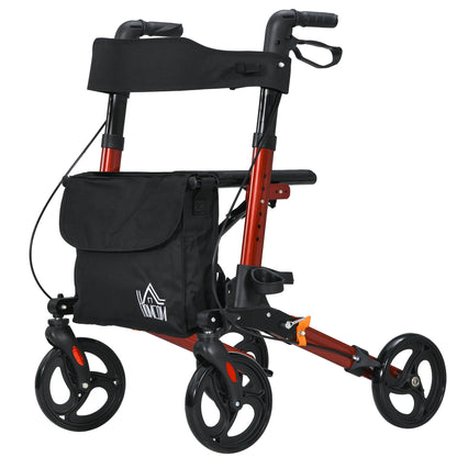 4 Wheel Rollator With Seat and Back, Folding, Adjustable Height, Dual Brakes, Cane Holder, Lightweight Aluminium Frame - Red