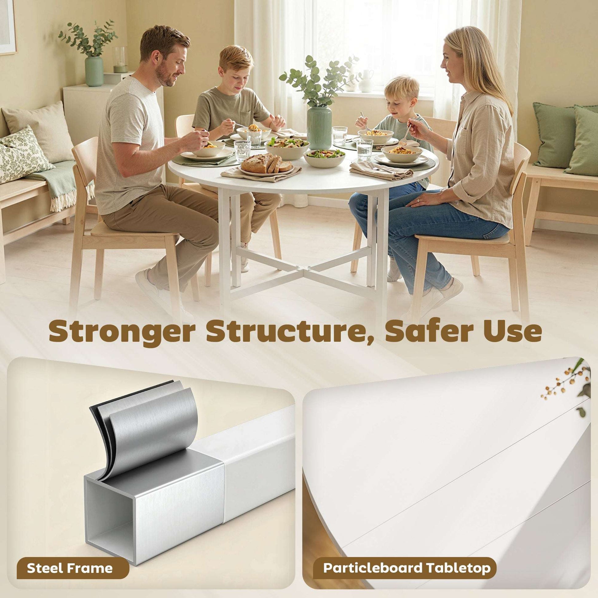 Drop Leaf Folding Dining Table | Round Top | 3 Modes | Folds to 11.5cm | Melamine Waterproof Top | Steel Frame | 30kg | White