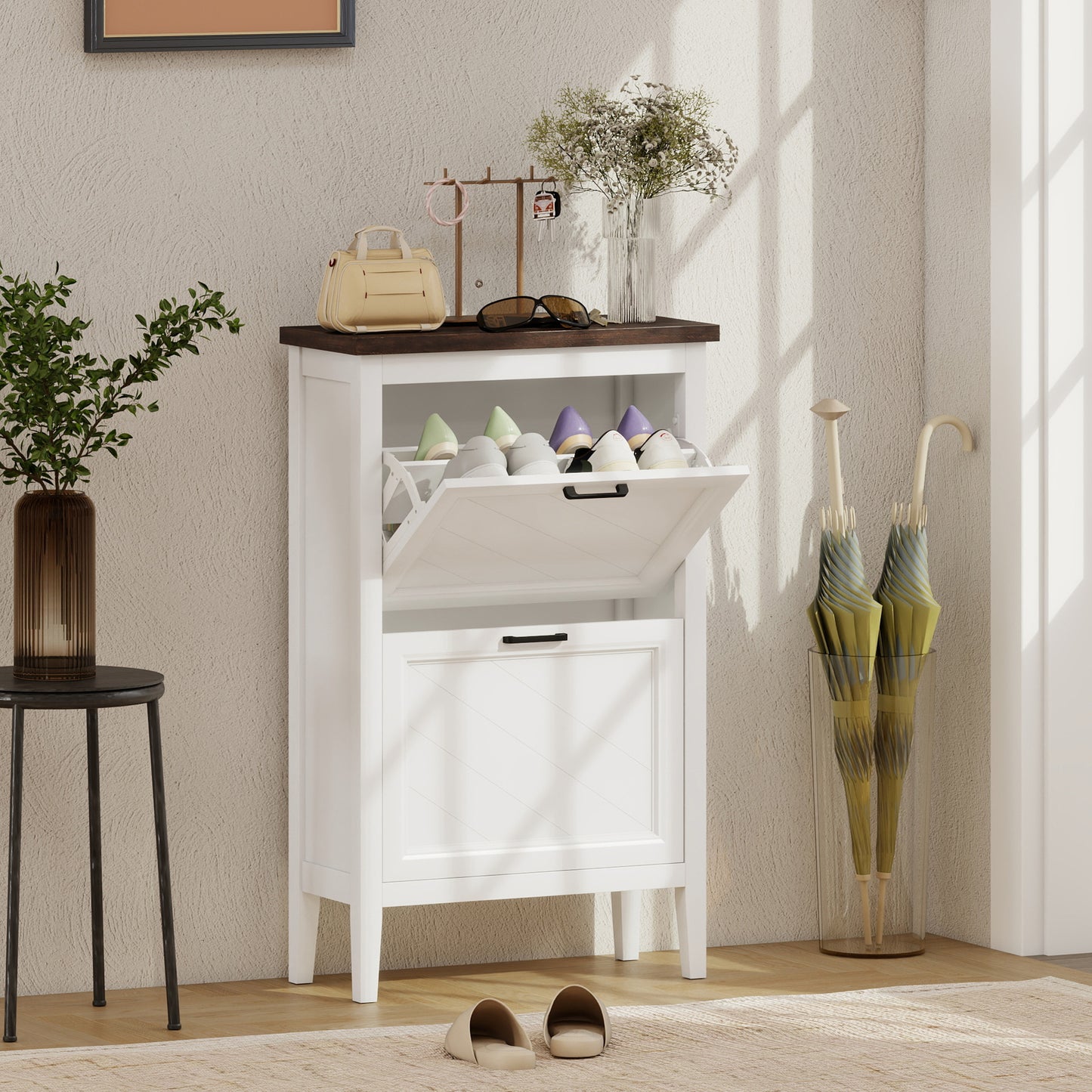 Farmhouse Narrow Shoe Cabinet | 2 Flip Drawers | 8-12 Pairs | White