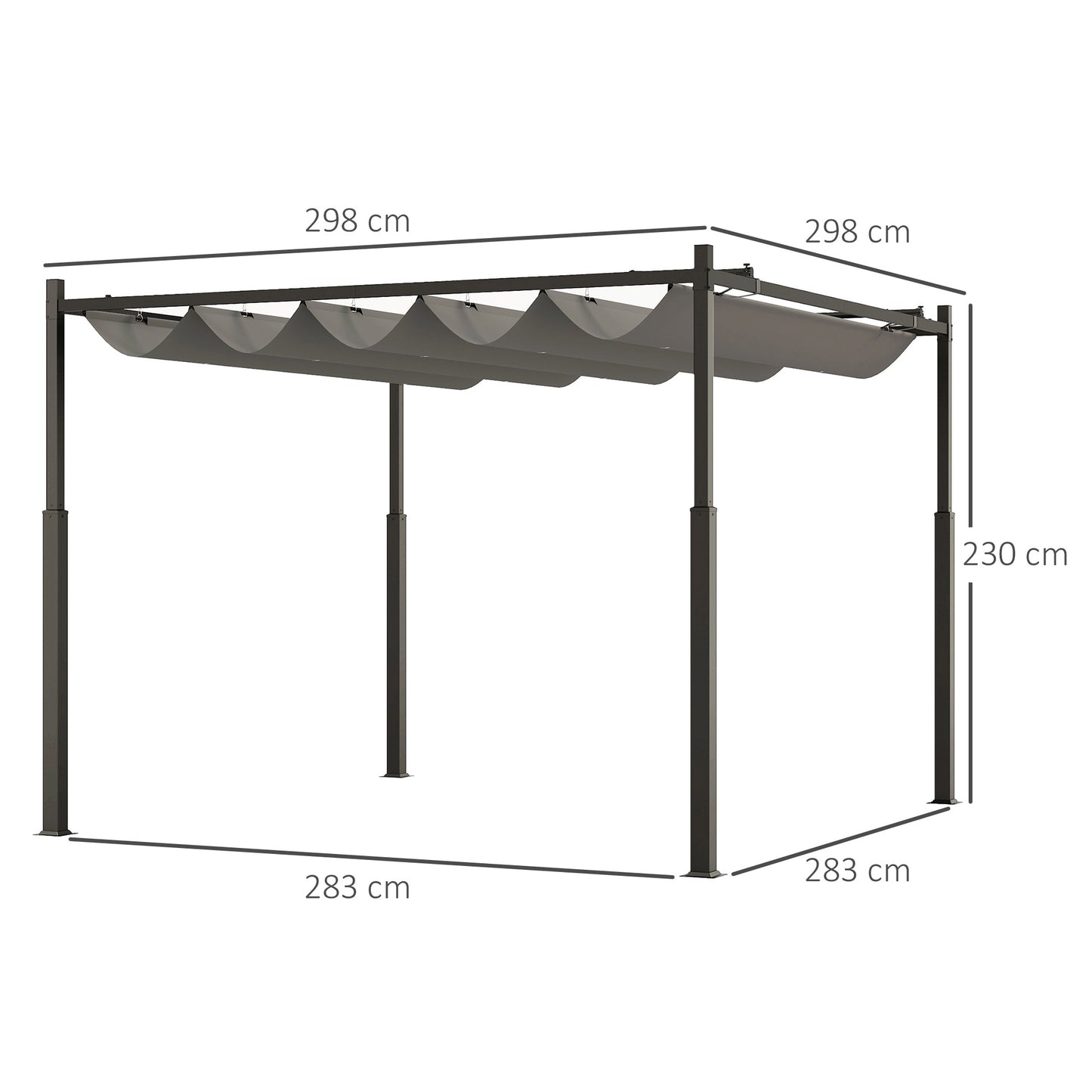 Outsunny 3 x 3(m) Garden Pergola W/ Retractable Roof and Magnetic Fixture, Outdoor Pergola Kit Sun Canopy, UPF30+, 80mm , Grey