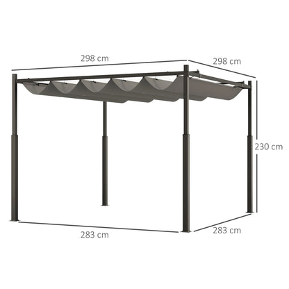 Outsunny 3 x 3(m) Garden Pergola W/ Retractable Roof and Magnetic Fixture, Outdoor Pergola Kit Sun Canopy, UPF30+, 80mm , Grey
