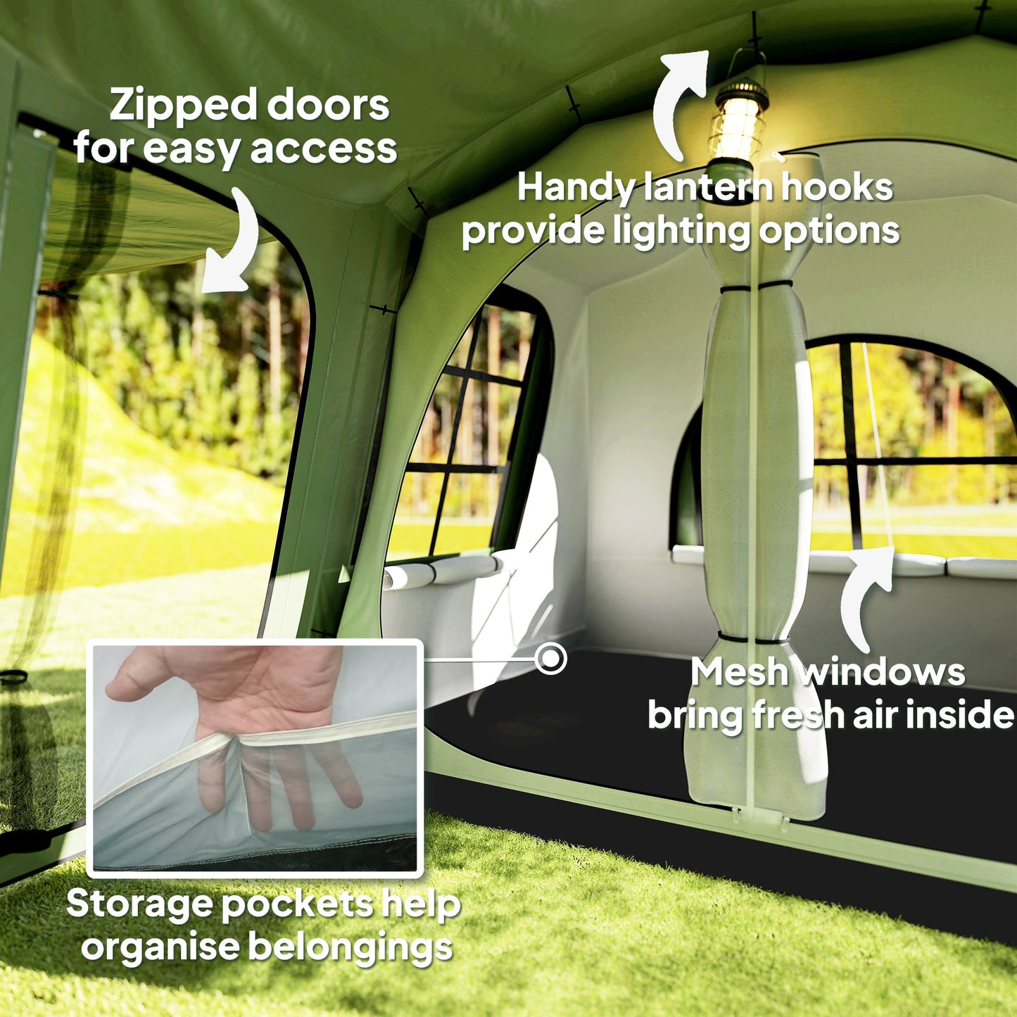3-4 Man Tunnel Tent, Family Camping Tent with Porch, Bedroom and Living Area, Sewn in Groundsheet, 3000mm Waterproof, Portable with Bag, Green