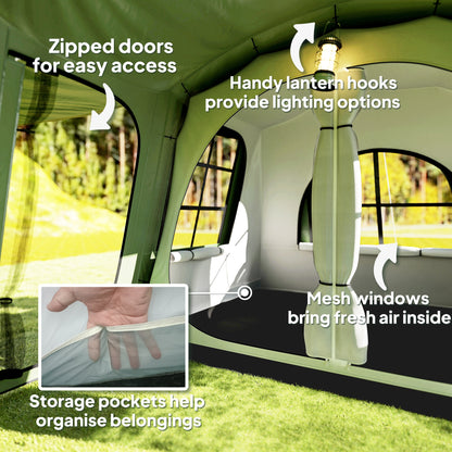 3-4 Man Tunnel Tent, Family Camping Tent with Porch, Bedroom and Living Area, Sewn in Groundsheet, 3000mm Waterproof, Portable with Bag, Green