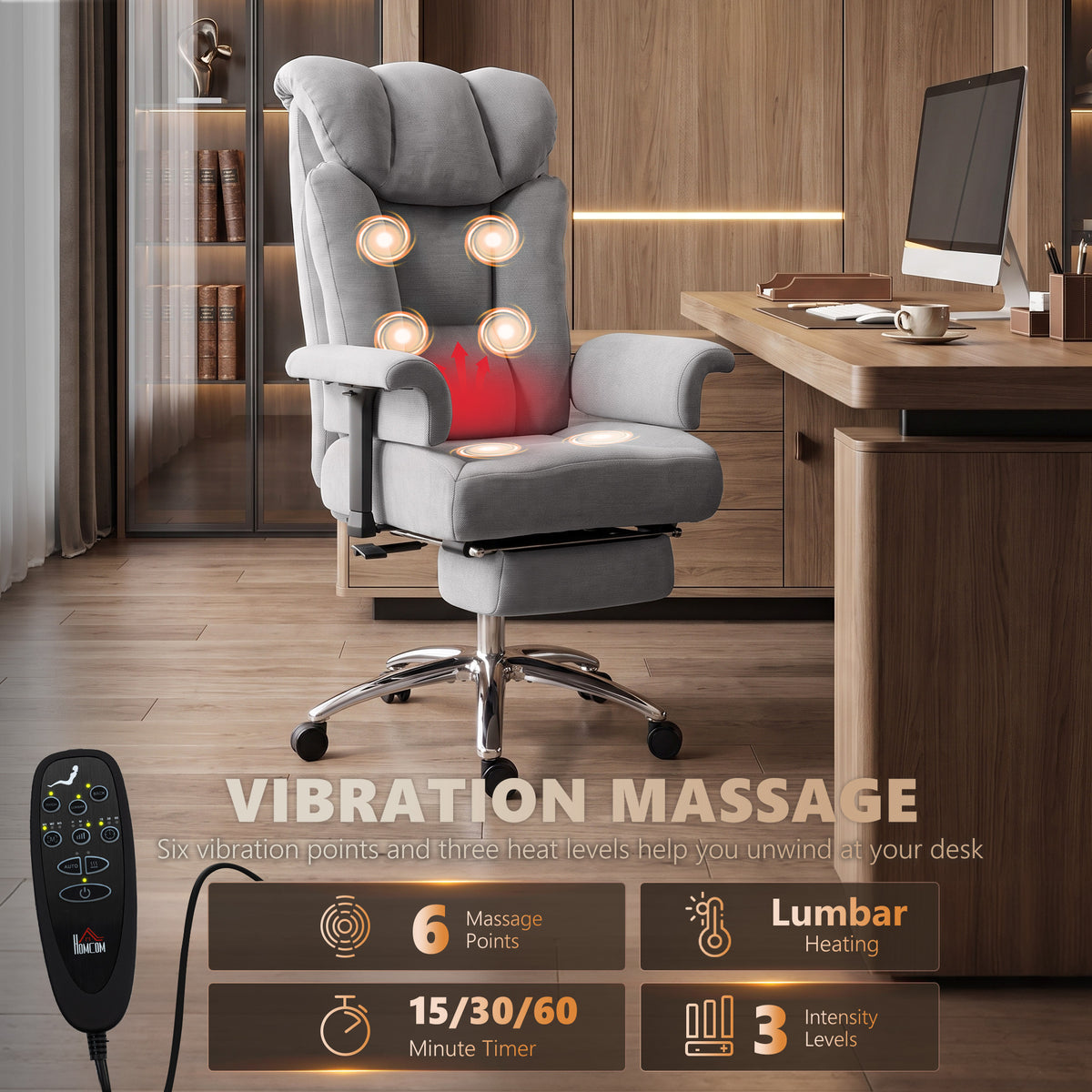 Big & Tall Massage Office Chair | 250kg Capacity, Lumbar Heat & 135° Recline | Adjustable Arms, Footrest & Linen-Look Fabric | Grey
