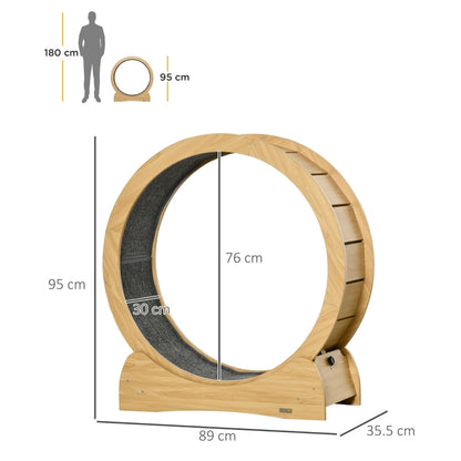 PawHut Cat Treadmill, Wooden Cat Exercise Wheel with Carpeted Runway, Cat Running Wheel with Brake, for Exercise - Natural Wood Finish