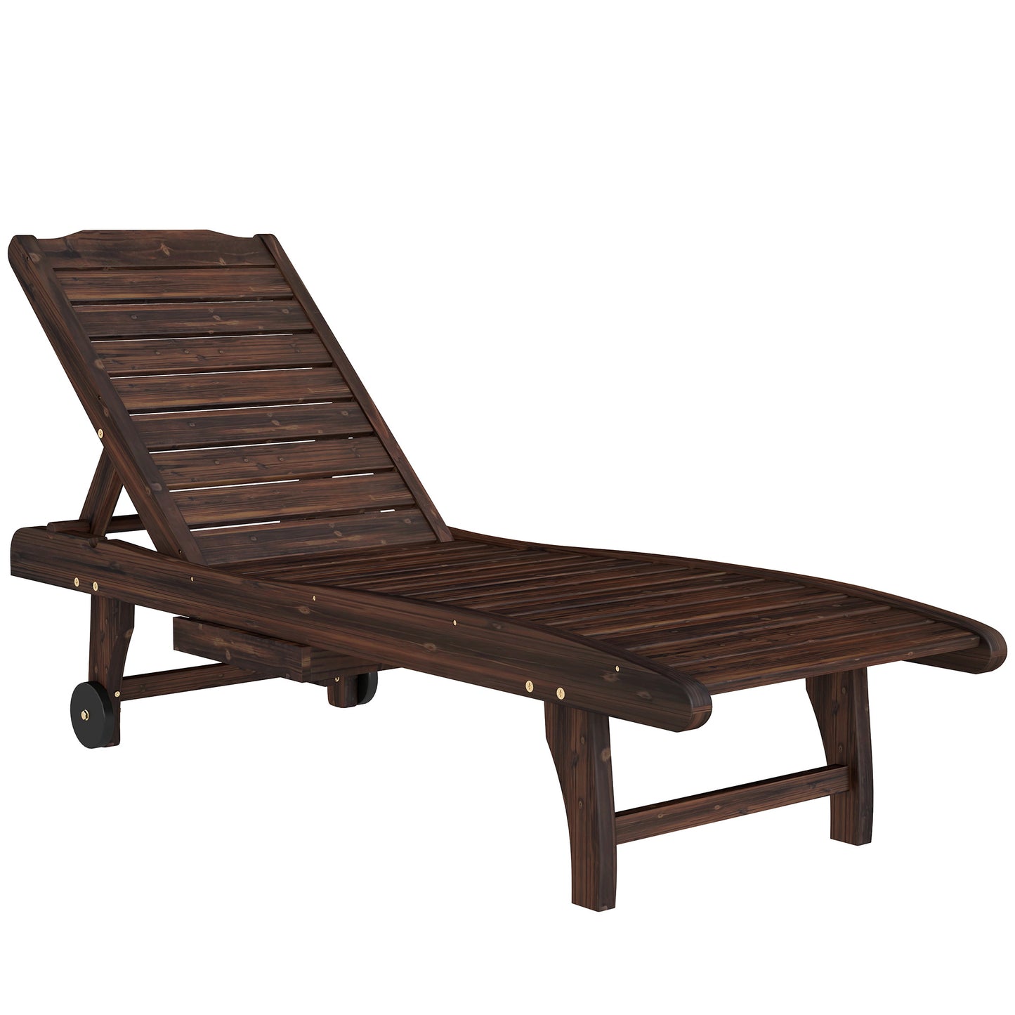 Wooden Sun Lounger | Pull-Out Side Tray | 3-Position Adjustable Backrest | Slatted Fir Wood | Wheels | 182x60cm | 113kg | Carbonised Finish