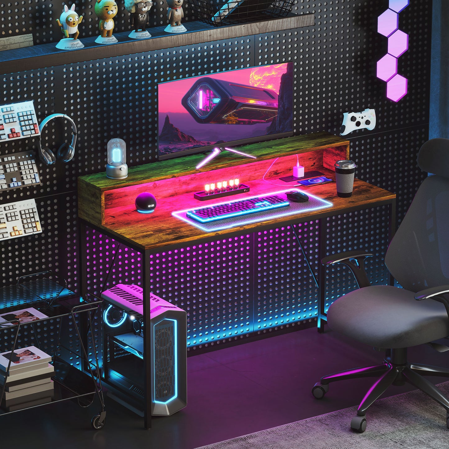 120cm Computer Desk with LED Lights and Power Outlets, Gaming Desk W/ Monitor Stand, Computer Table with Remote for Home Office Study