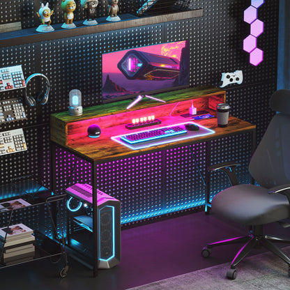 120cm Computer Desk with LED Lights and Power Outlets, Gaming Desk W/ Monitor Stand, Computer Table with Remote for Home Office Study