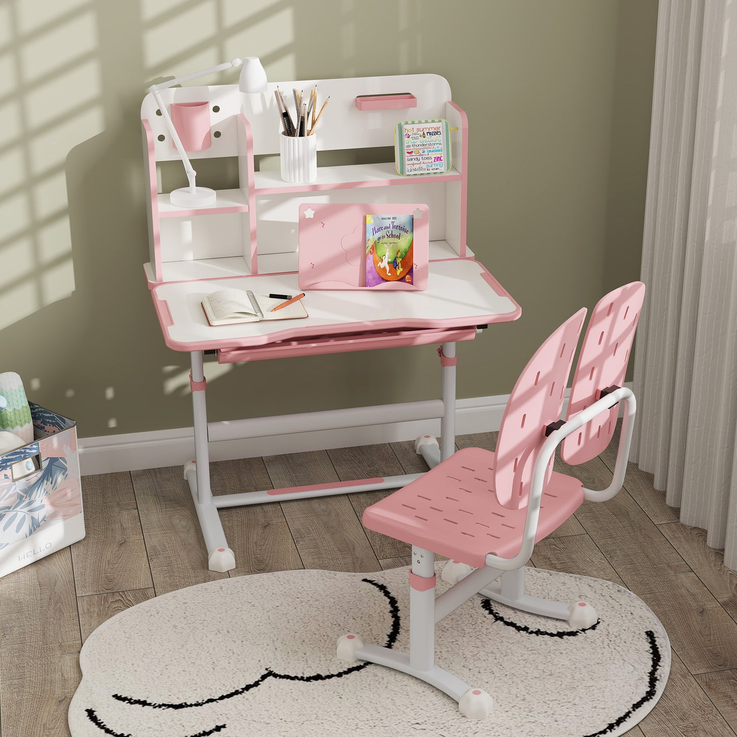 AIYAPLAY Height Adjustable Kids Desk and Chair Set, Children School Study Desk with Tiltable Desktop, Reading Rack